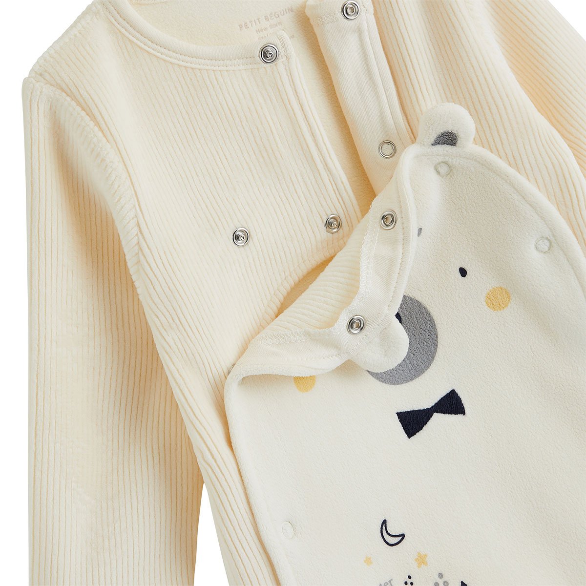 Pyjama bébé en velours ouverture pont Flocon ecru, PETIT BEGUIN