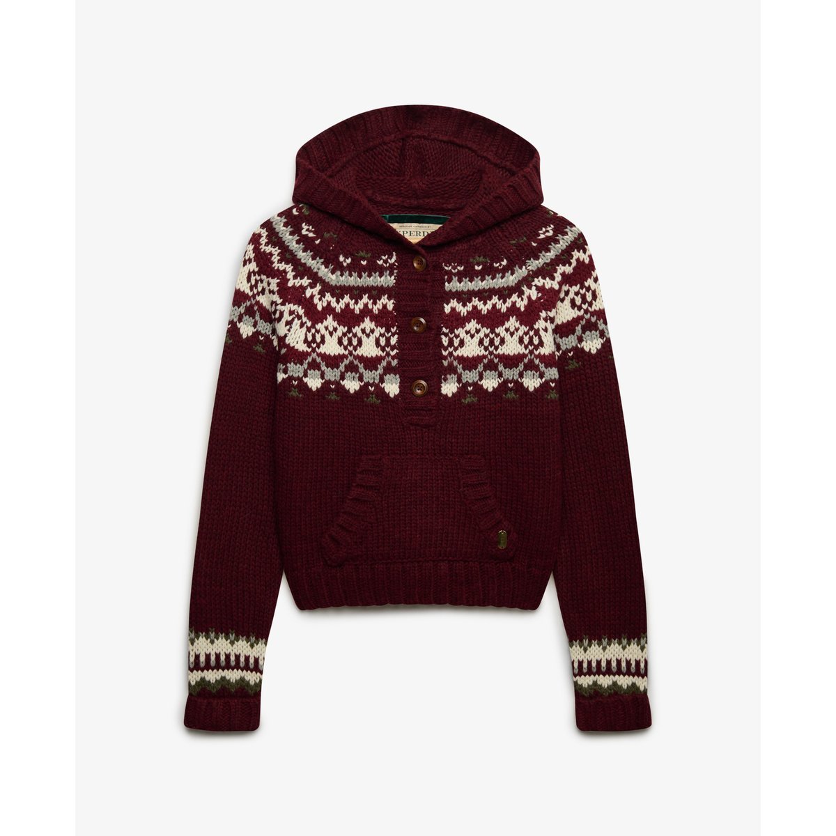 Sweat à capuche Fairisle ½ Bouton Coupe Décontractée rouge multi, SUPERDRY