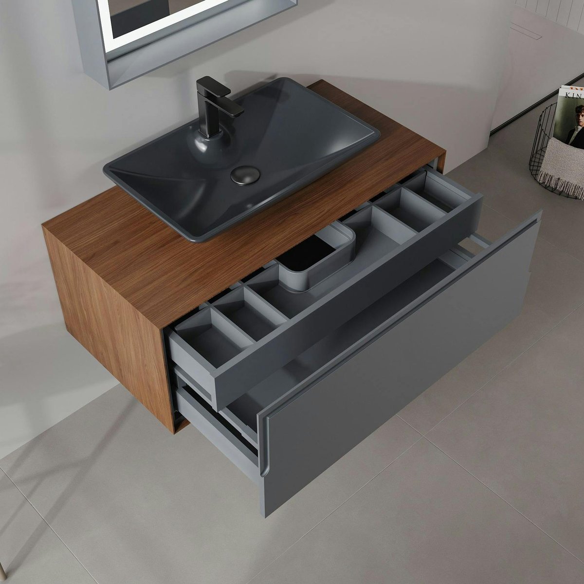 Meuble vasque 100 cm suspendu 1 tiroir + vasque RIA gris, PIER IMPORT
