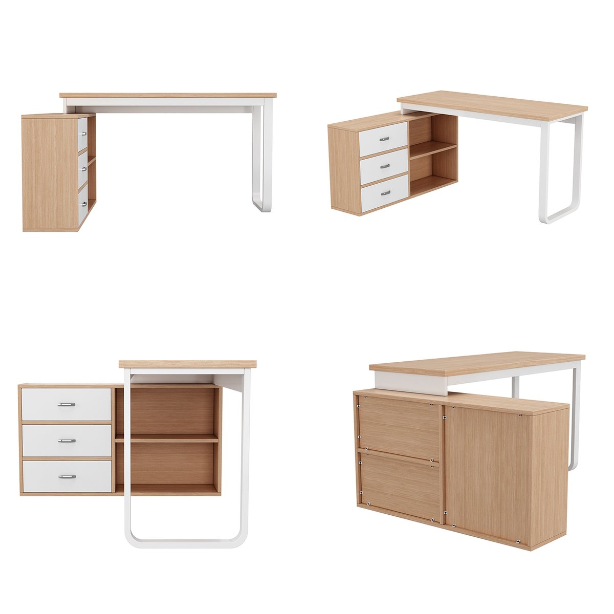 Bureau multifonction L-type avec 3 tiroirs et 2 niches style industriel, DOBBY hêtre, MEUBLES COSY
