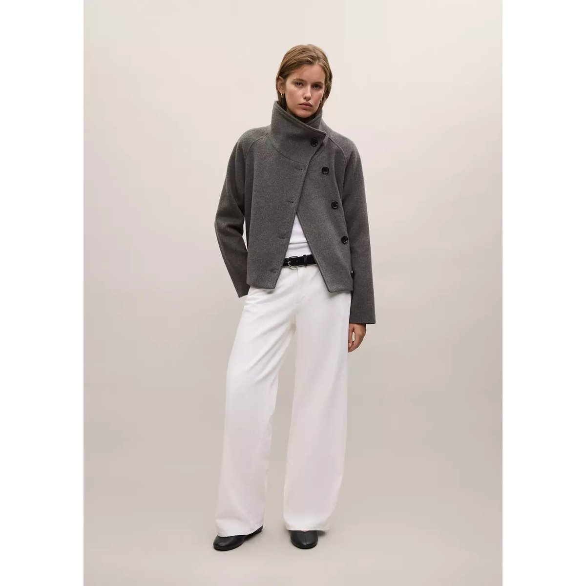 Manteau en laine à col cheminée gris chiné foncé, MANGO TEEN