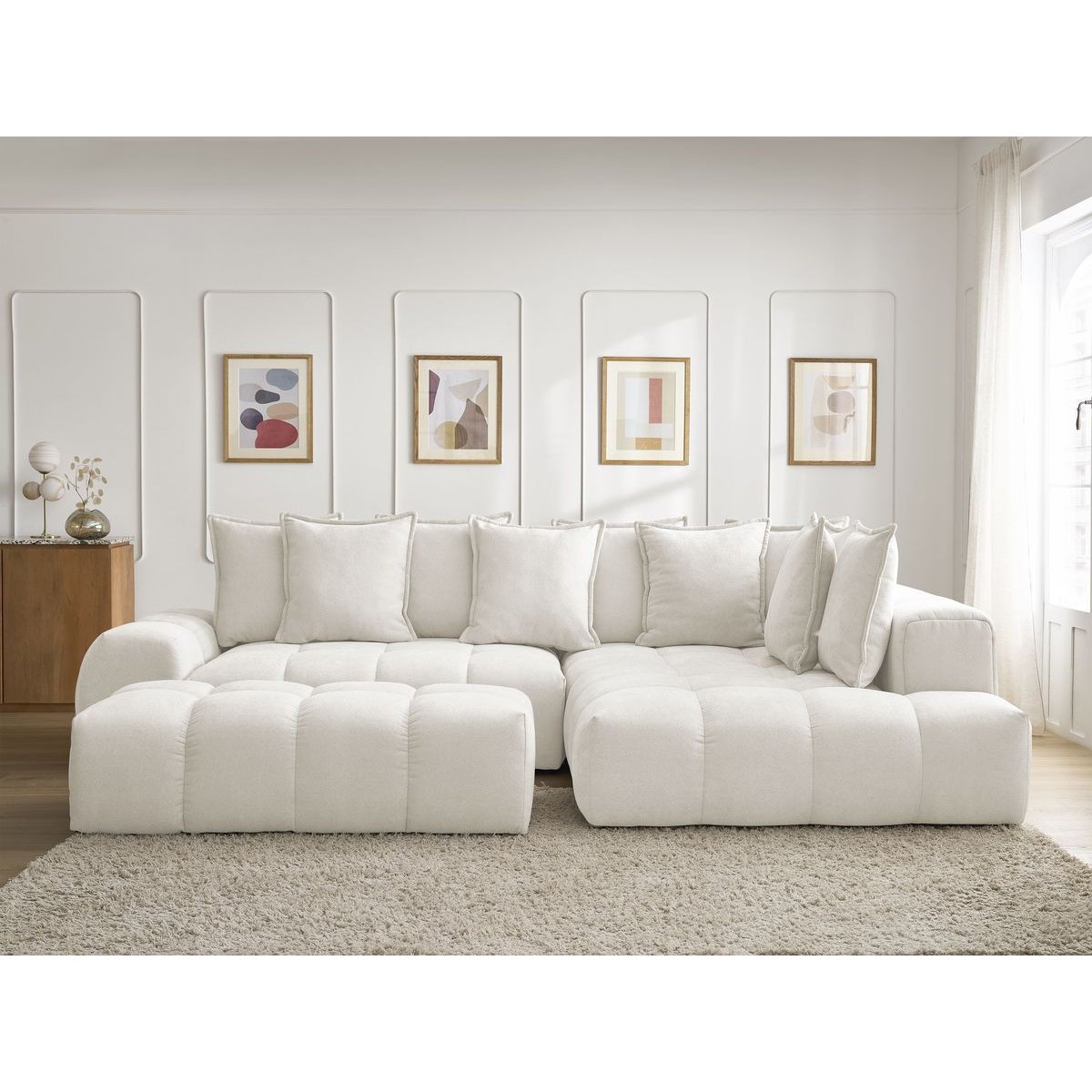 Canapé d'angle convertible 4 places en tissu texturé avec pouf, EVEREST blanc, BOBOCHIC
