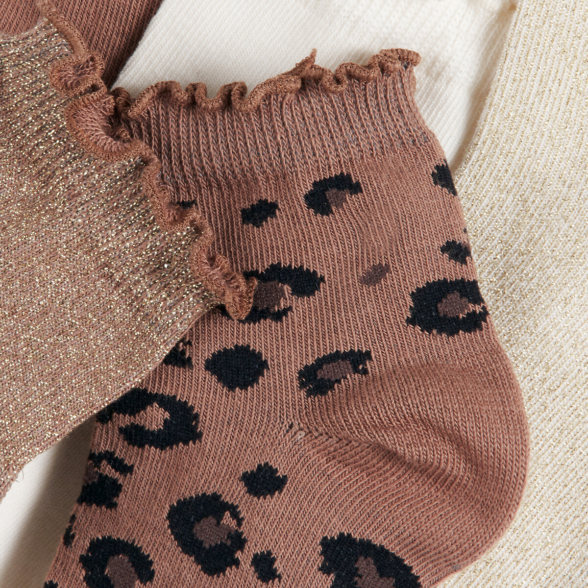 Lot de 5 paires de chaussettes unies et léopard marron + beige + écru, LA REDOUTE COLLECTIONS