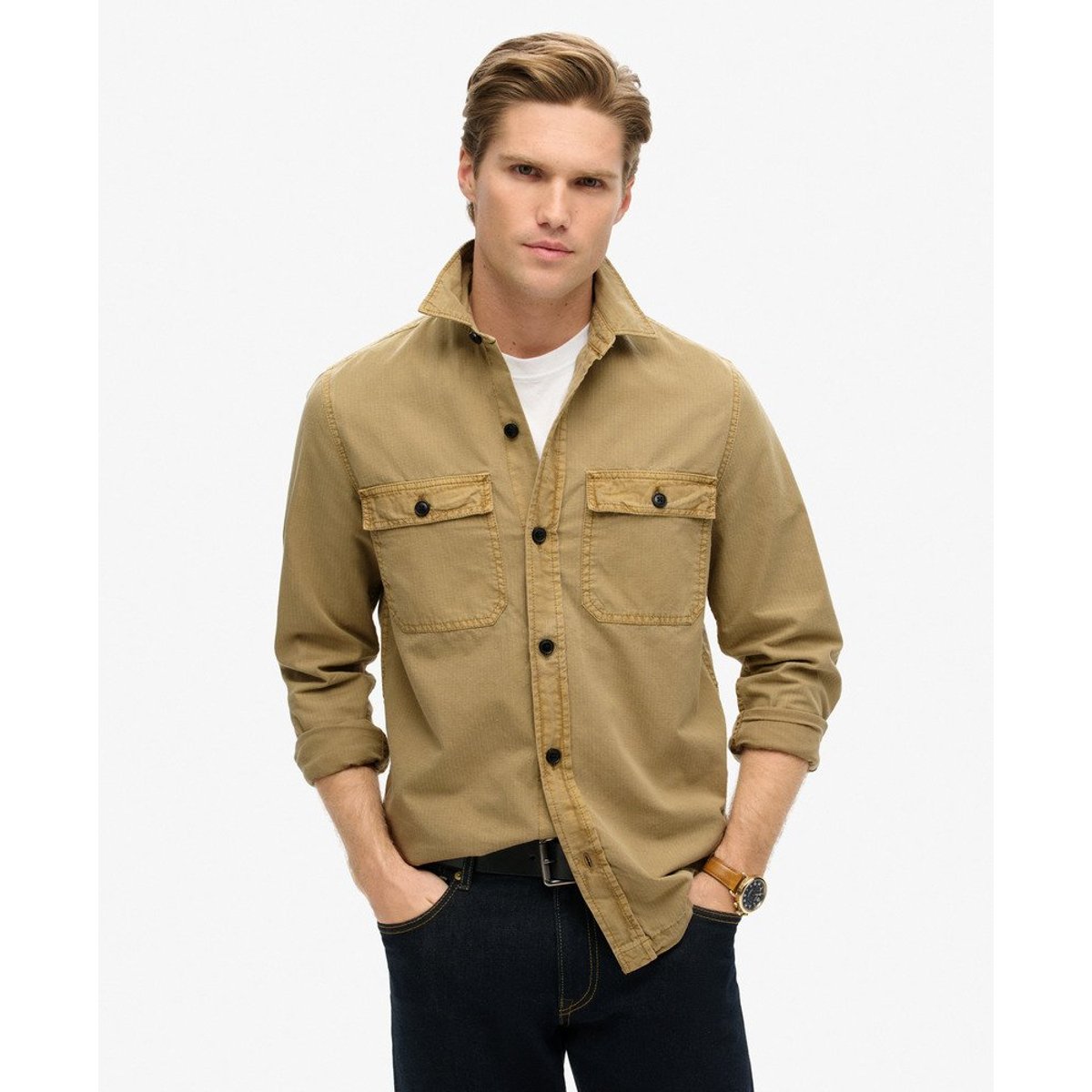Surchemise Militaire à Manches Longues marron sable du canyon, SUPERDRY