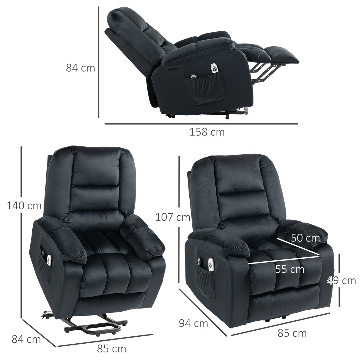 Fauteuil releveur multifonctionnel Tissu noir, HOMCOM