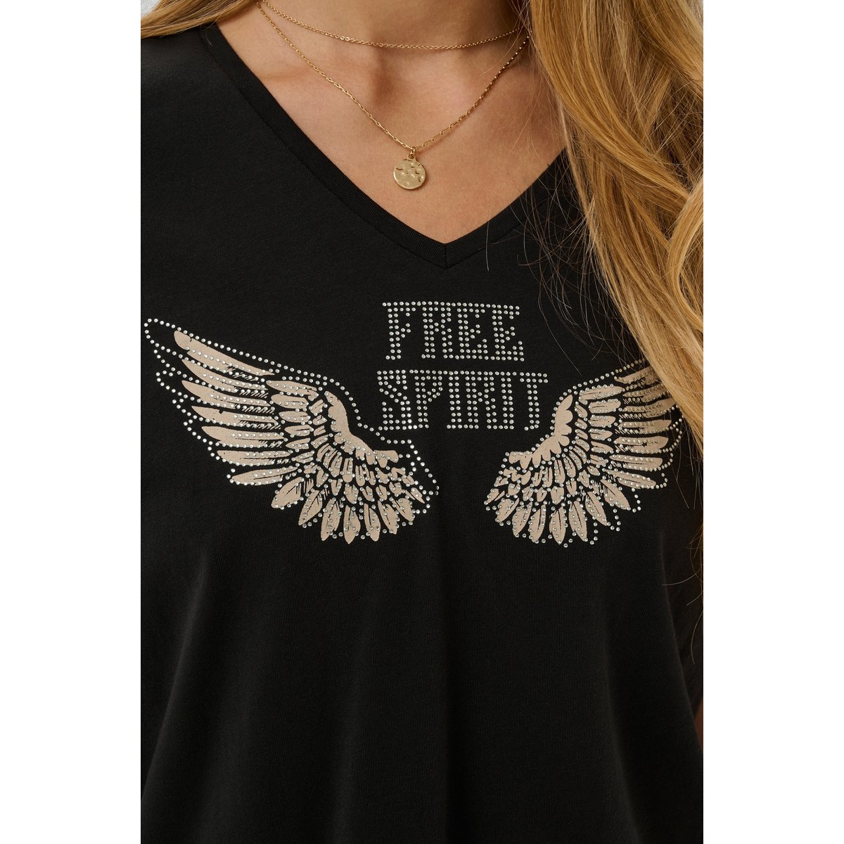 T-shirt à manches courtes noir rhinestone wings, CREAM