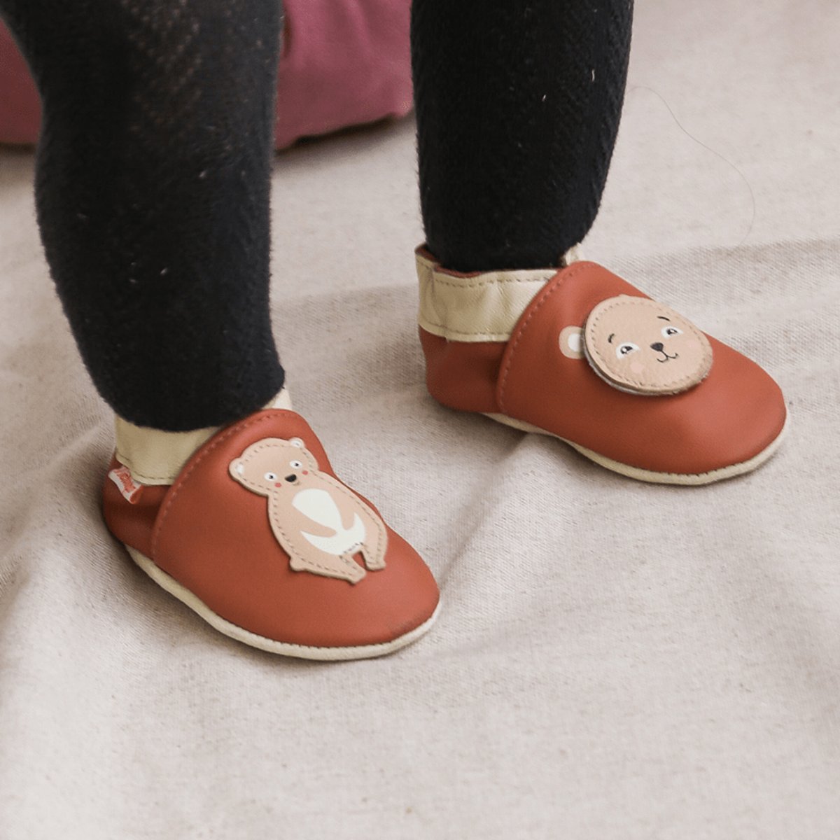 Chaussons bébé cuir souple à emotions orange, TICHOUPS