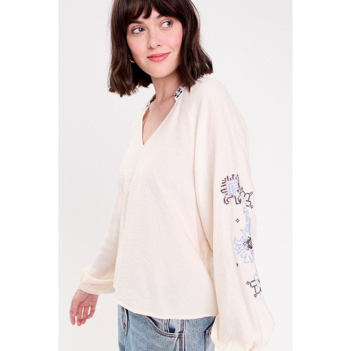 Blouse oversize col v manches longues ecru, CACHE CACHE