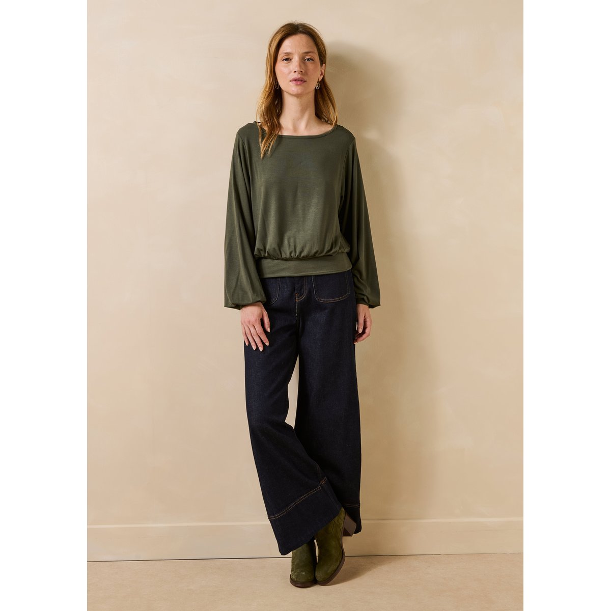 T-shirt manches longues oversize fluide en modal kaki, LA FEE MARABOUTEE