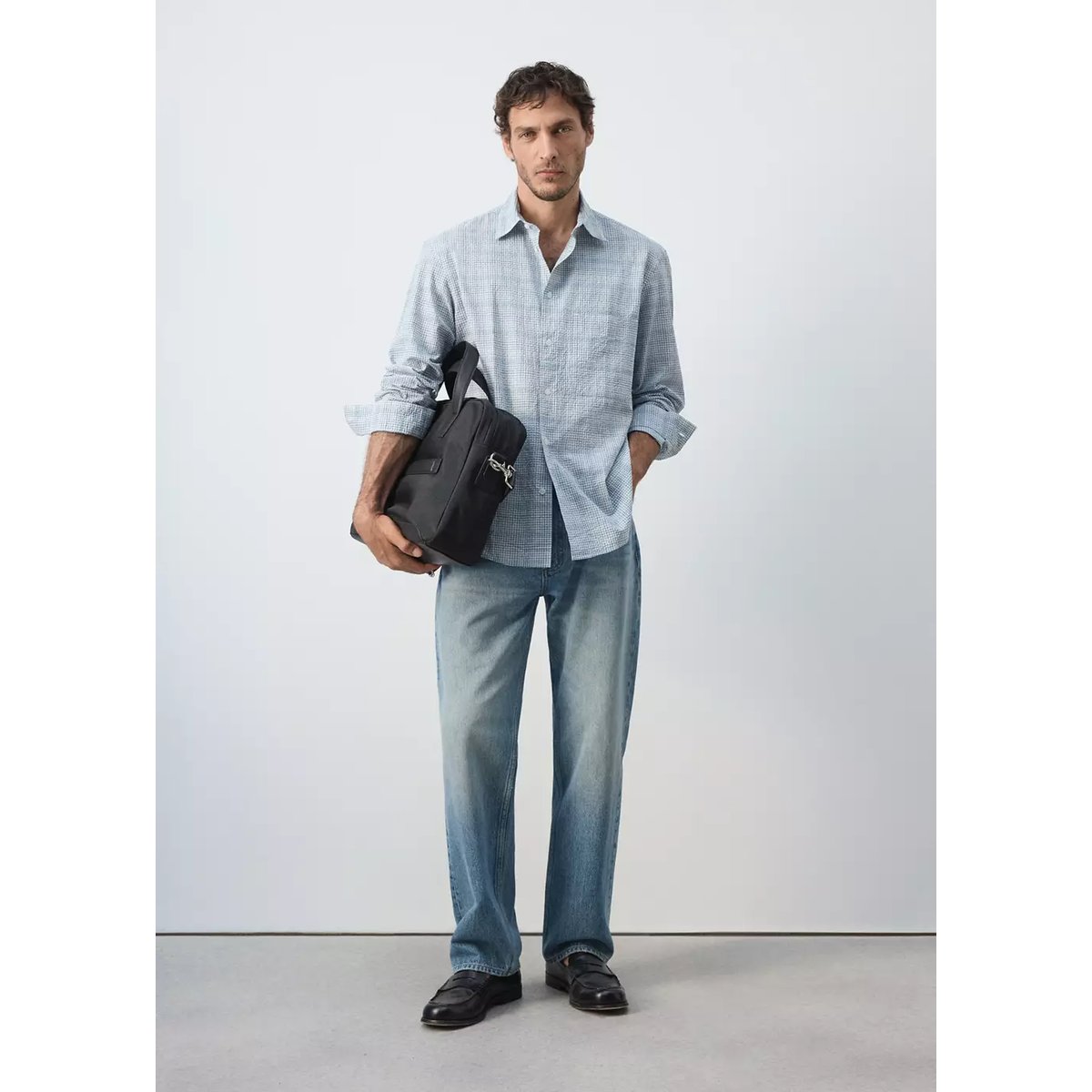 Chemise seersucker texturée à carreaux bleu, MANGO MAN