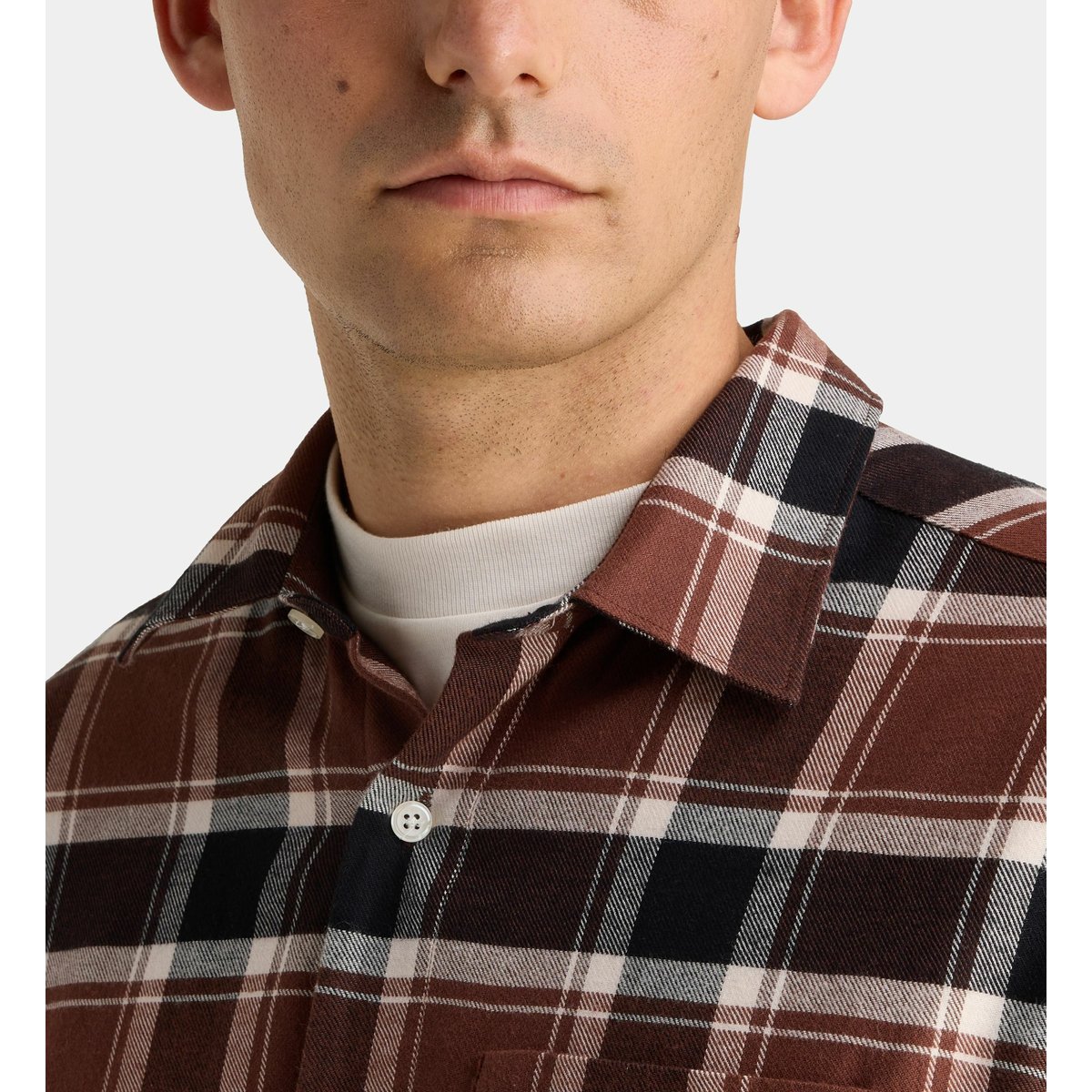 Chemise droite risheck 4 à carreaux en coton marron et écru, GALERIES LAFAYETTE