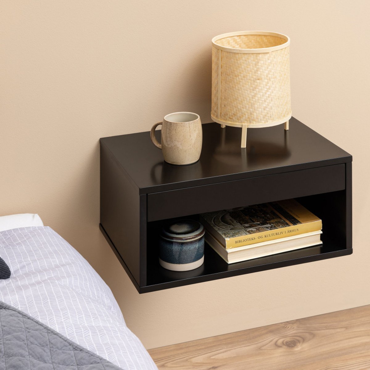 Table de chevet murale 1 niche, 1 tiroir en bois- MANO noir, DRAWER