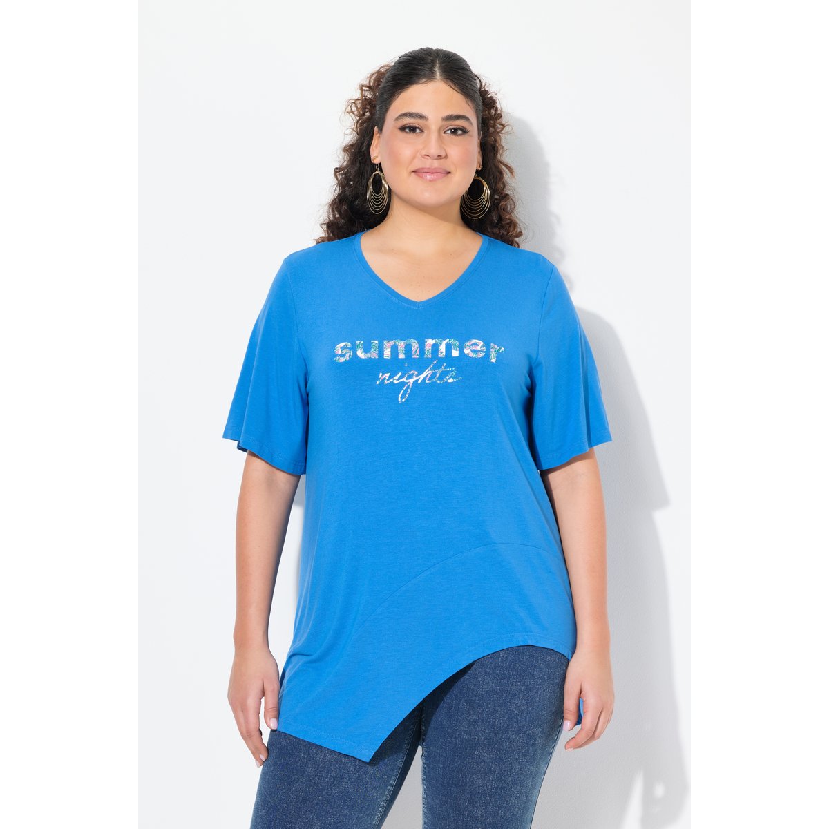 T-shirt à message. Col V et manches courtes. bleu pétrole, ULLA POPKEN