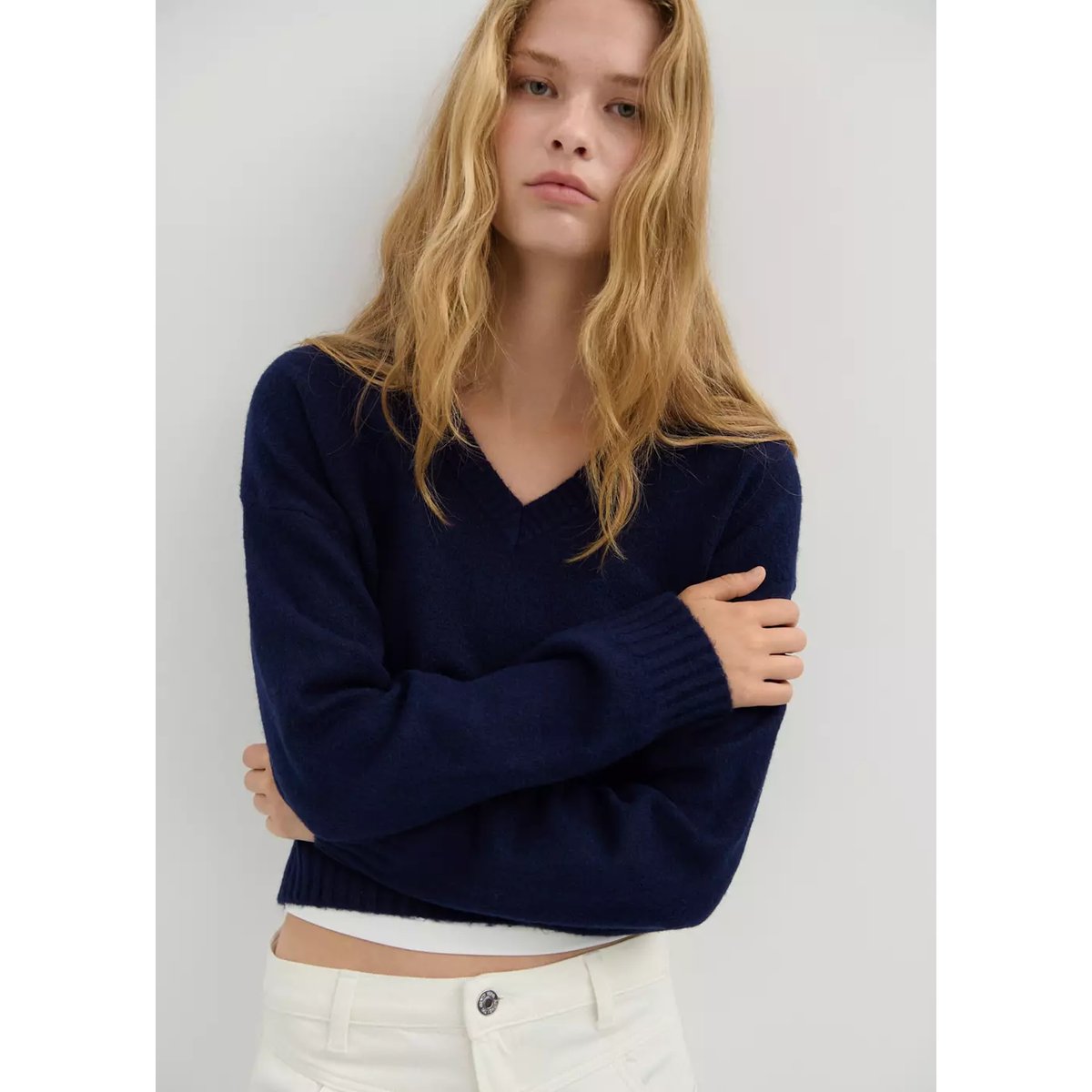 Pull-over à col en V bleu marine, MANGO TEEN