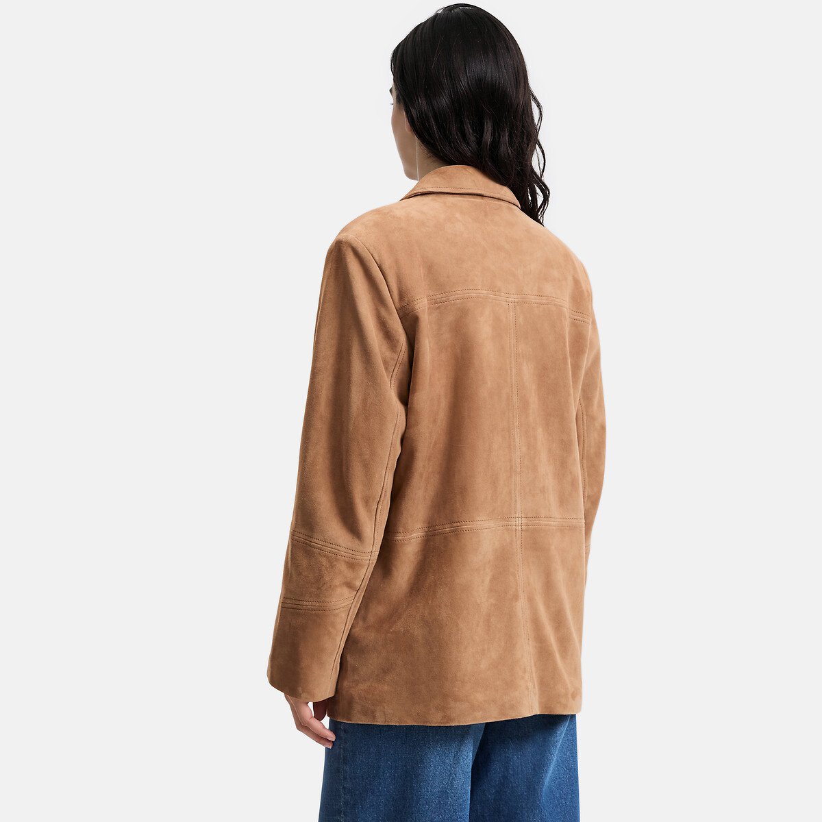 Veste droite col tailleur en cuir de chèvre marron camel, LA REDOUTE COLLECTIONS