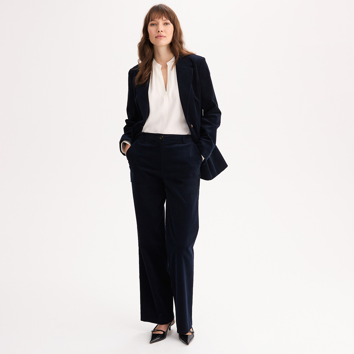 Pantalon large, velours marine, ANNE WEYBURN