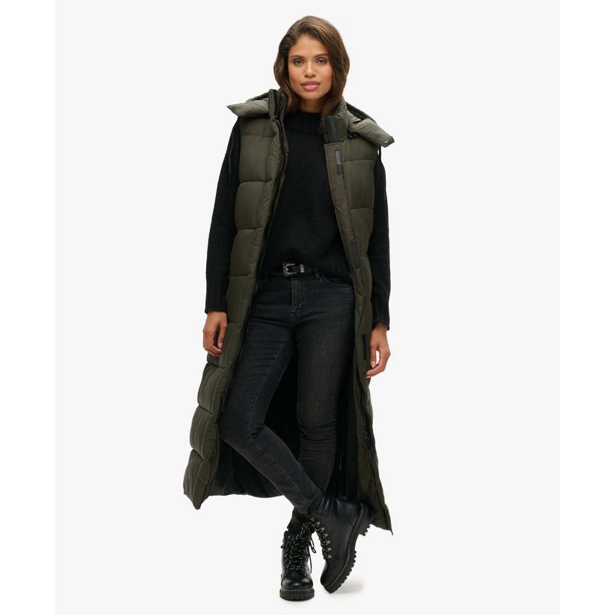 Gilet à capuche long sans manches Ripstop kaki quadrillé, SUPERDRY