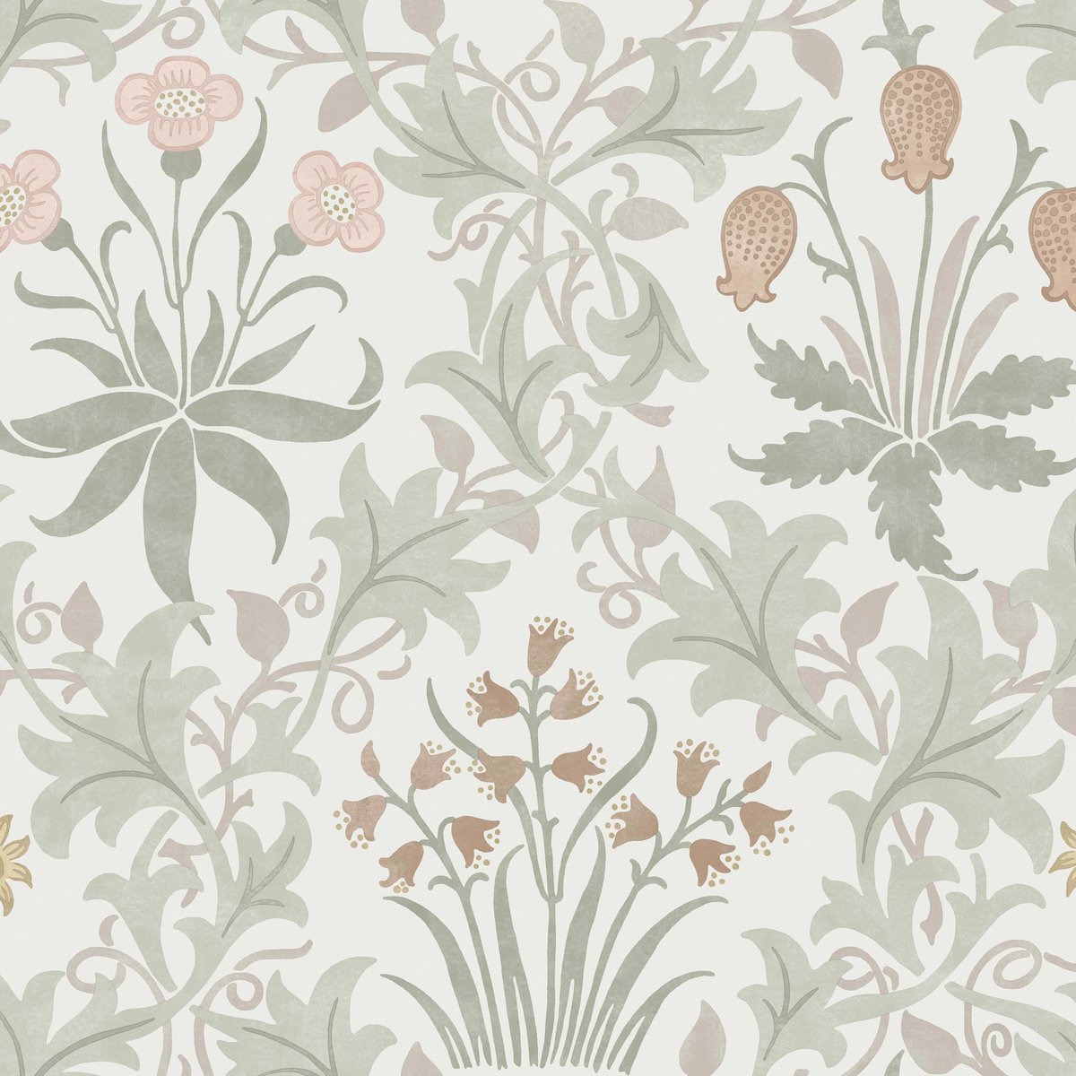 Papier peint fleuri Celandine Spring Peony & Sage beige, vert, rose, WILLIAM MORRIS AT HOME