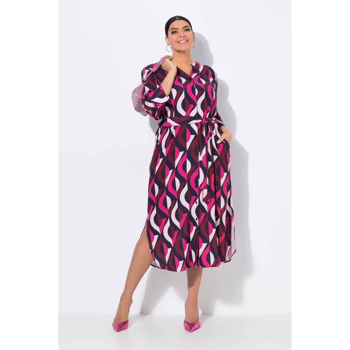 Robe maxi, col tunisien et manches 3/4 rose vif, ULLA POPKEN