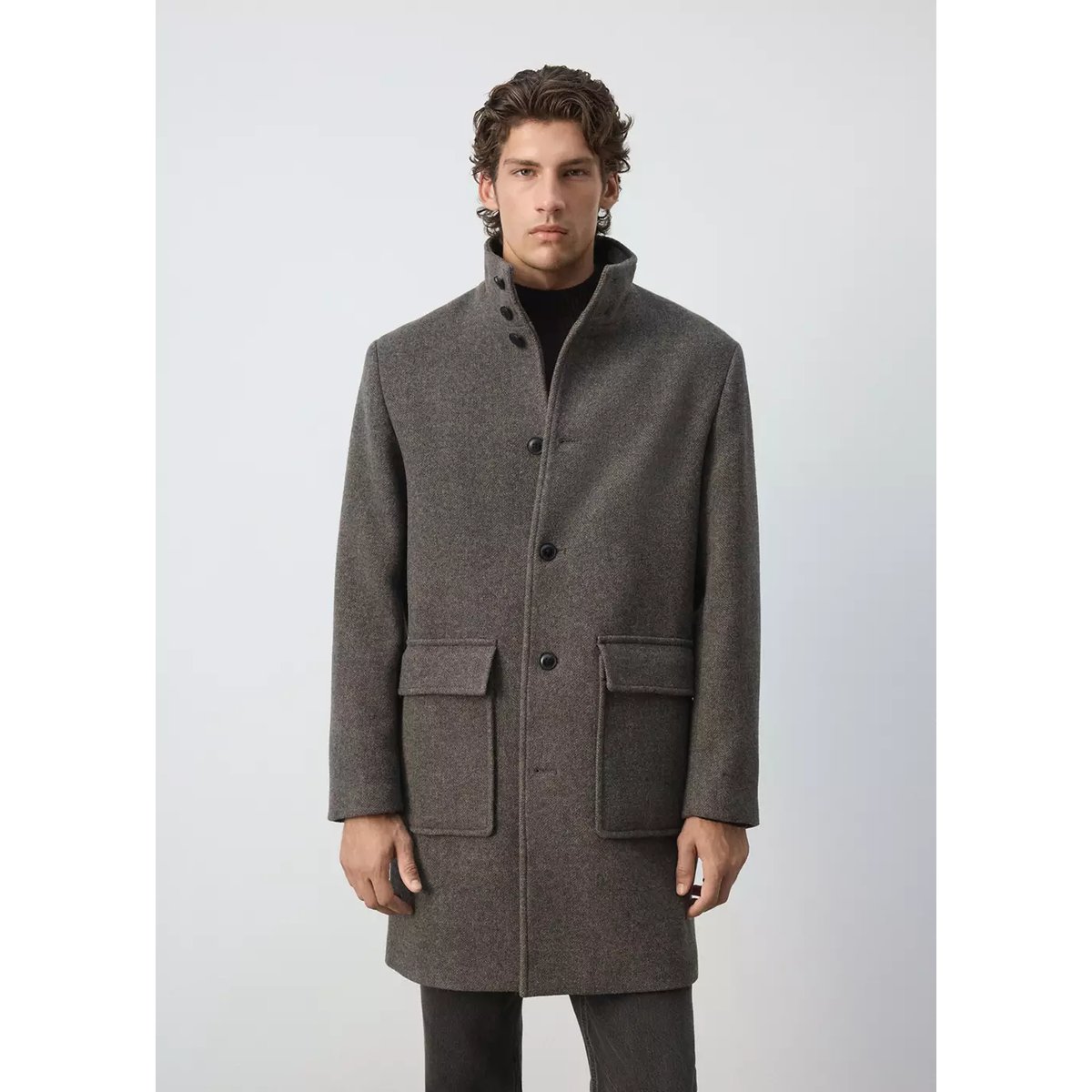 Manteau en mélange de laine à col cheminée marron moyen, MANGO MAN