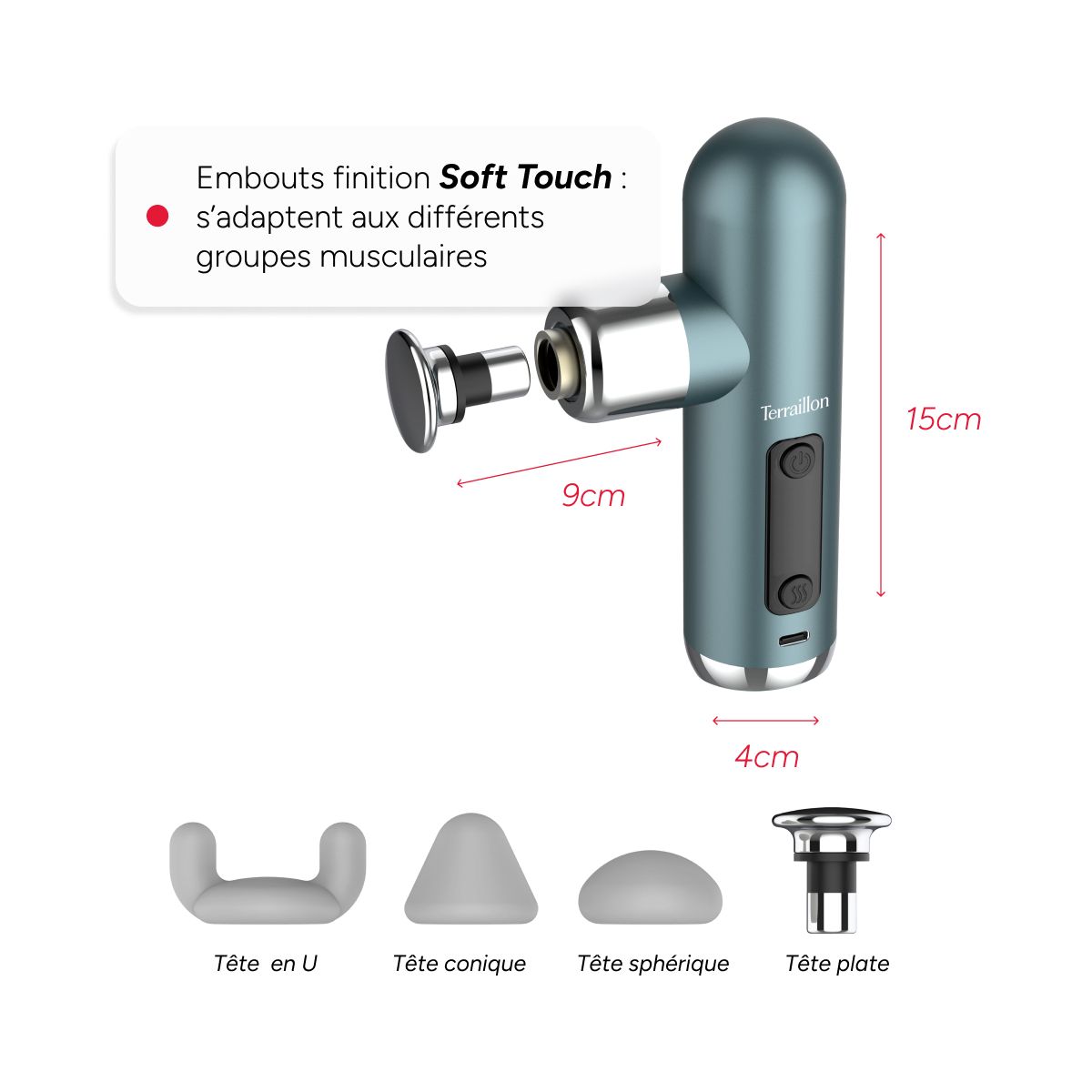 Masseur corps Mini Massager 4 embouts bleu acier, TERRAILLON