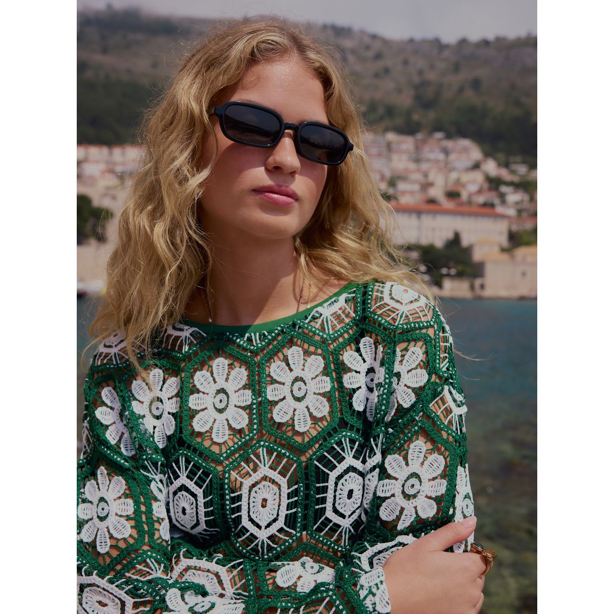 Haut à manches longues au crochet vert/blanc, NEXT