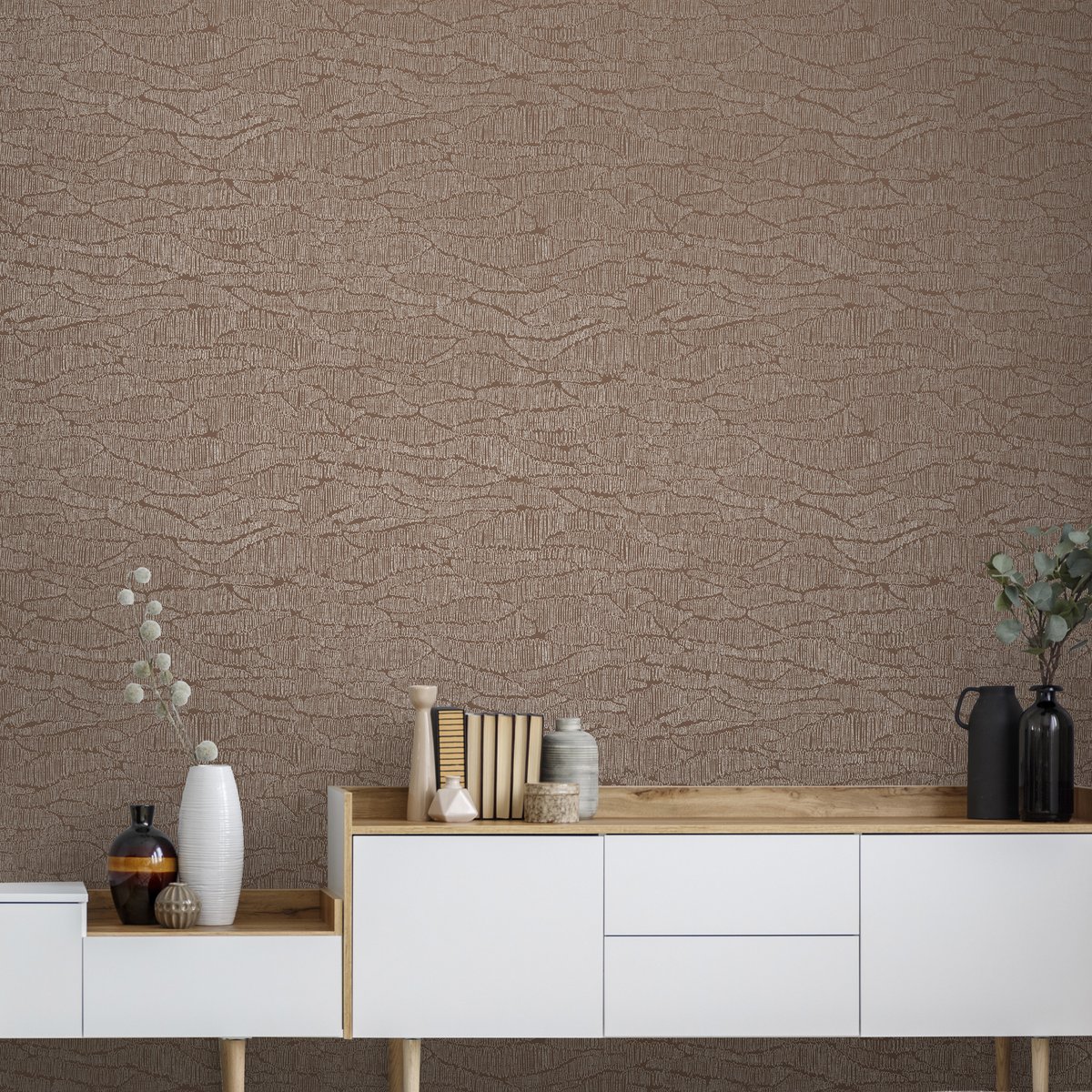 Papier peint Effet tissage Thya marron, or, SUBLIME
