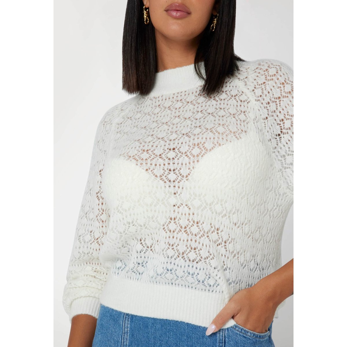 Pull Ajouré Laine Mélangée blanc, GUESS