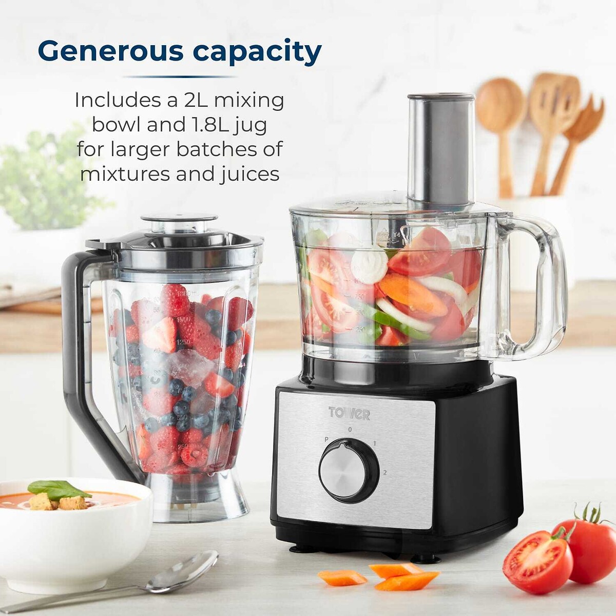 750W Multi-Function Food Processor with 2L Bowl - T18008 black, TOWER