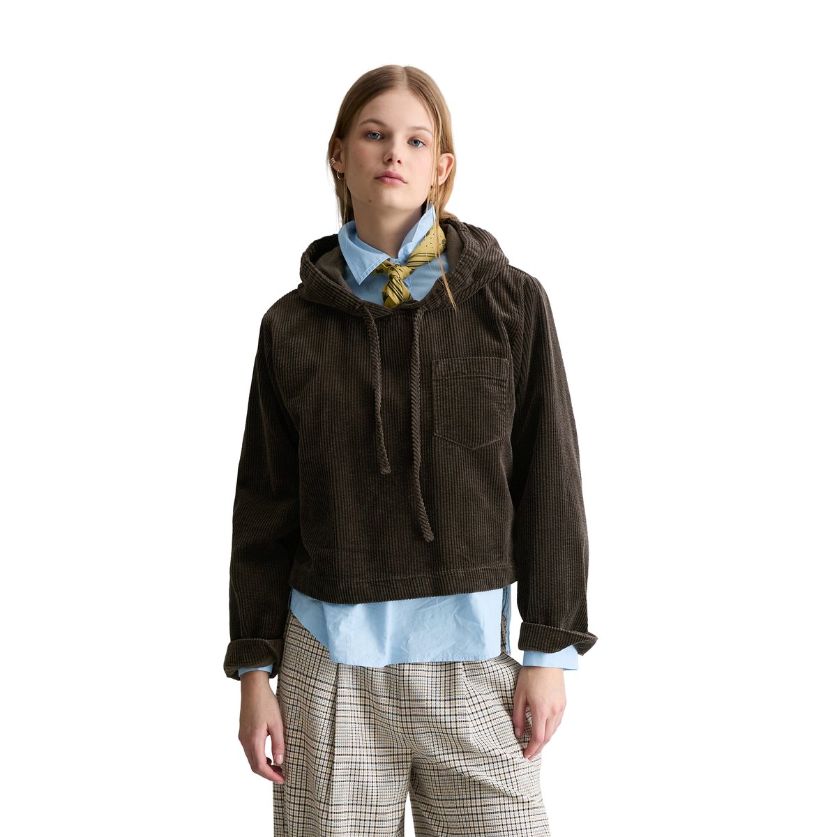 Blouse à capuche en velours côtelé relaxed avec une structure en bulle décontractée marron foncé, MARC O’POLO DENIM
