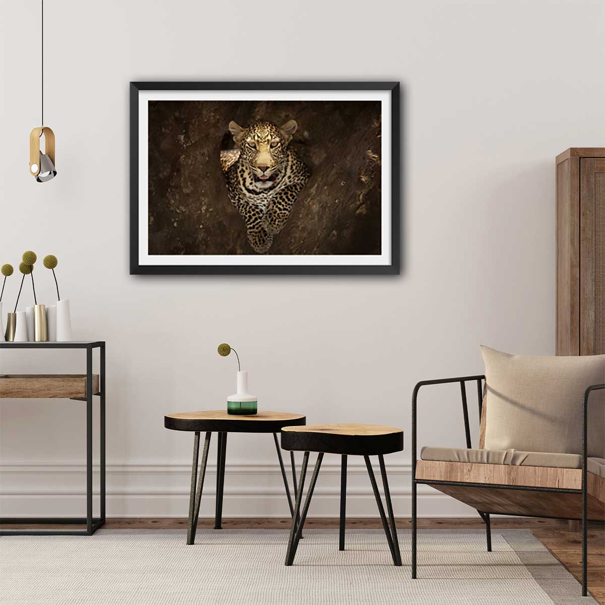Affiche masai léopard affiche + cadre en bois - noir, HEXOA