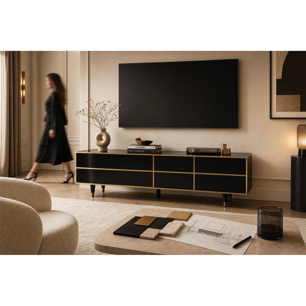 Meuble tv effet miroir, 6 Tiroirs noir et doré, RECOLLECTION