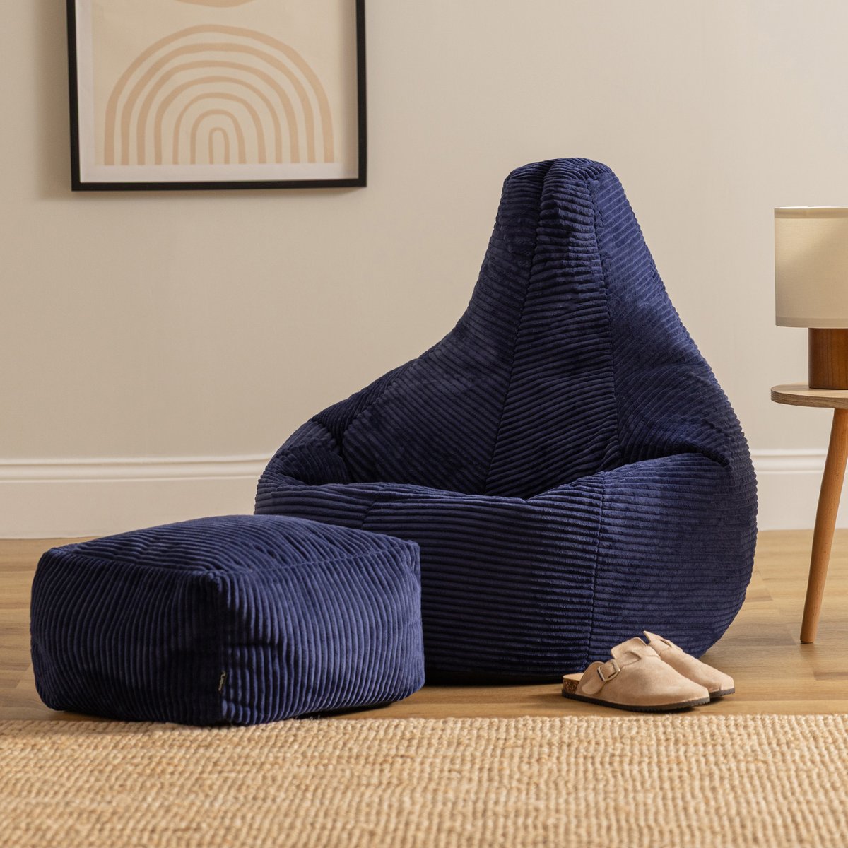 Lot de 2 poufs haut velours côtelé Oeko-Tex® - DALTON bleu marine, ICON