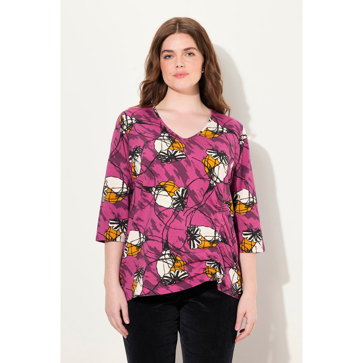 T-shirt en coton bio. Ruban à froncer fuchsia, ULLA POPKEN