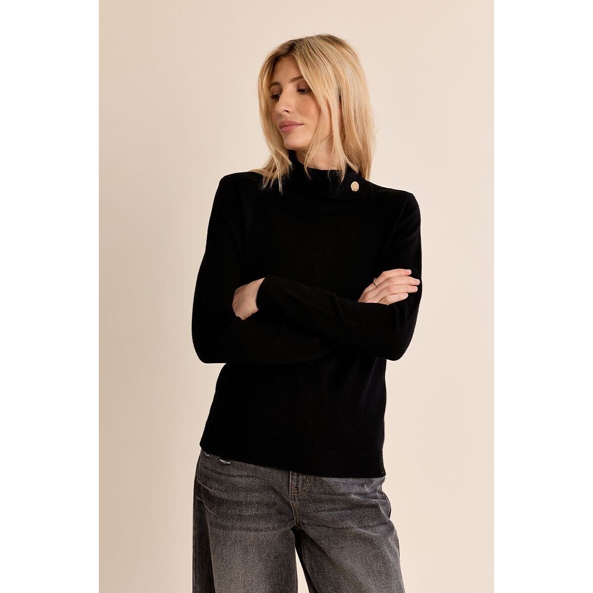 Camisola de gola subida com botões preto , MOLLY BRACKEN