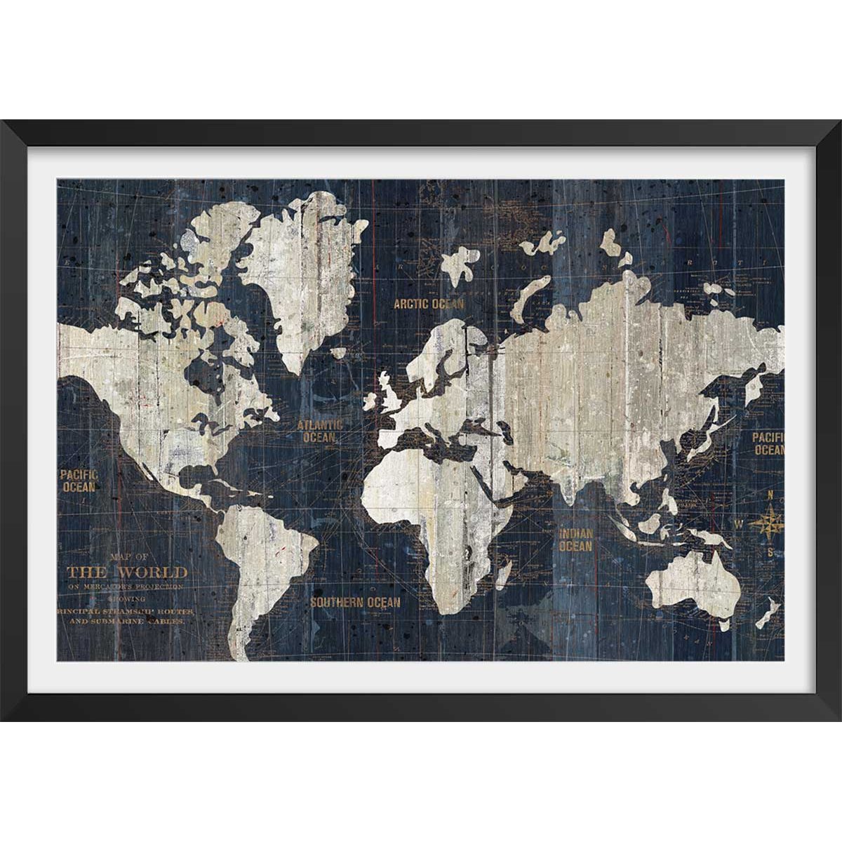 Affiche carte du monde voies navigables affiche + cadre en bois - noir, HEXOA