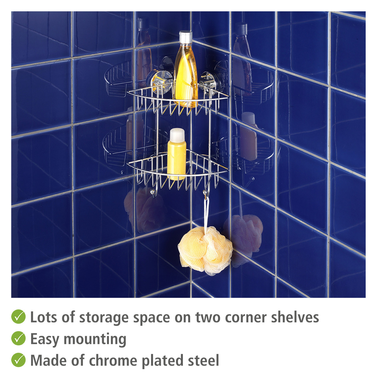 Etagère d'angle salle de bain 2 niveaux BARI argent brillant, WENKO