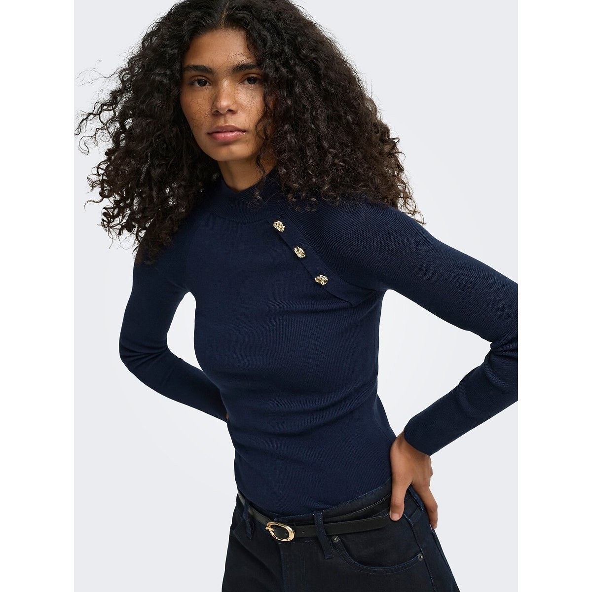 Tight High Neck Button Detail Jumper navy blue, ONLY