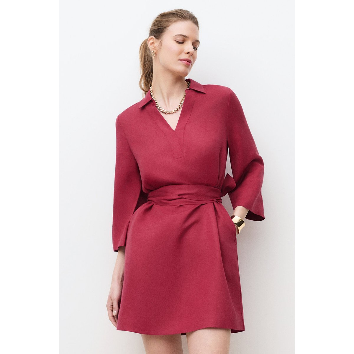 Robe droite ceinturée RVANINA rose framboise, CAROLL