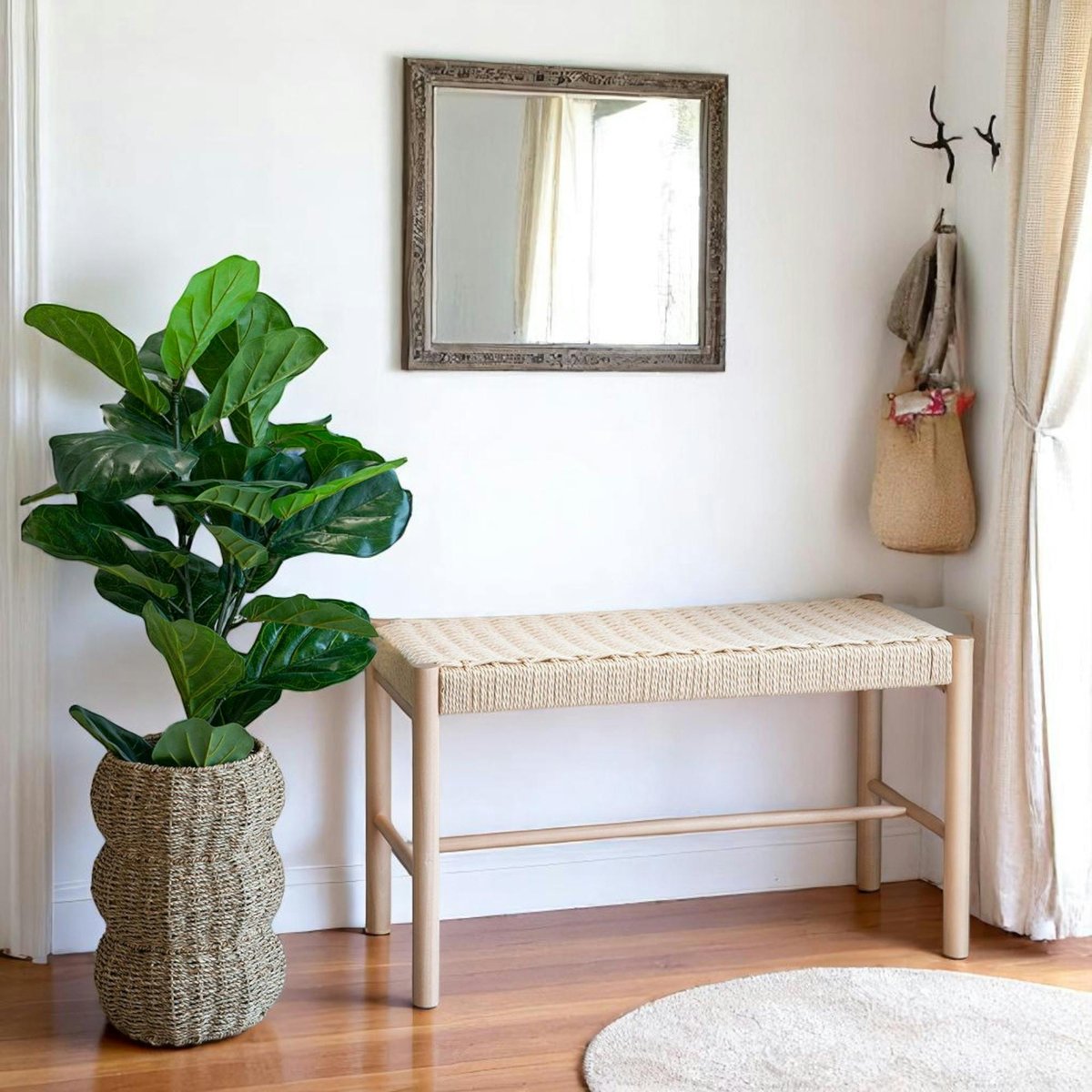 Banc en bois blond et corde tressée BRUGES bois naturel, PIER IMPORT