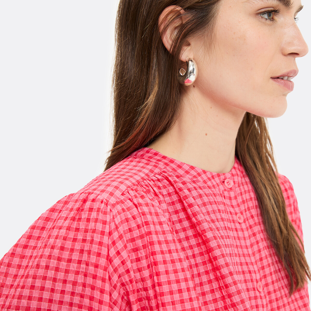 Chemise col mao à carreaux, volume oversize, en coton, Signature BERTHE carreaux rouge, LA REDOUTE COLLECTIONS