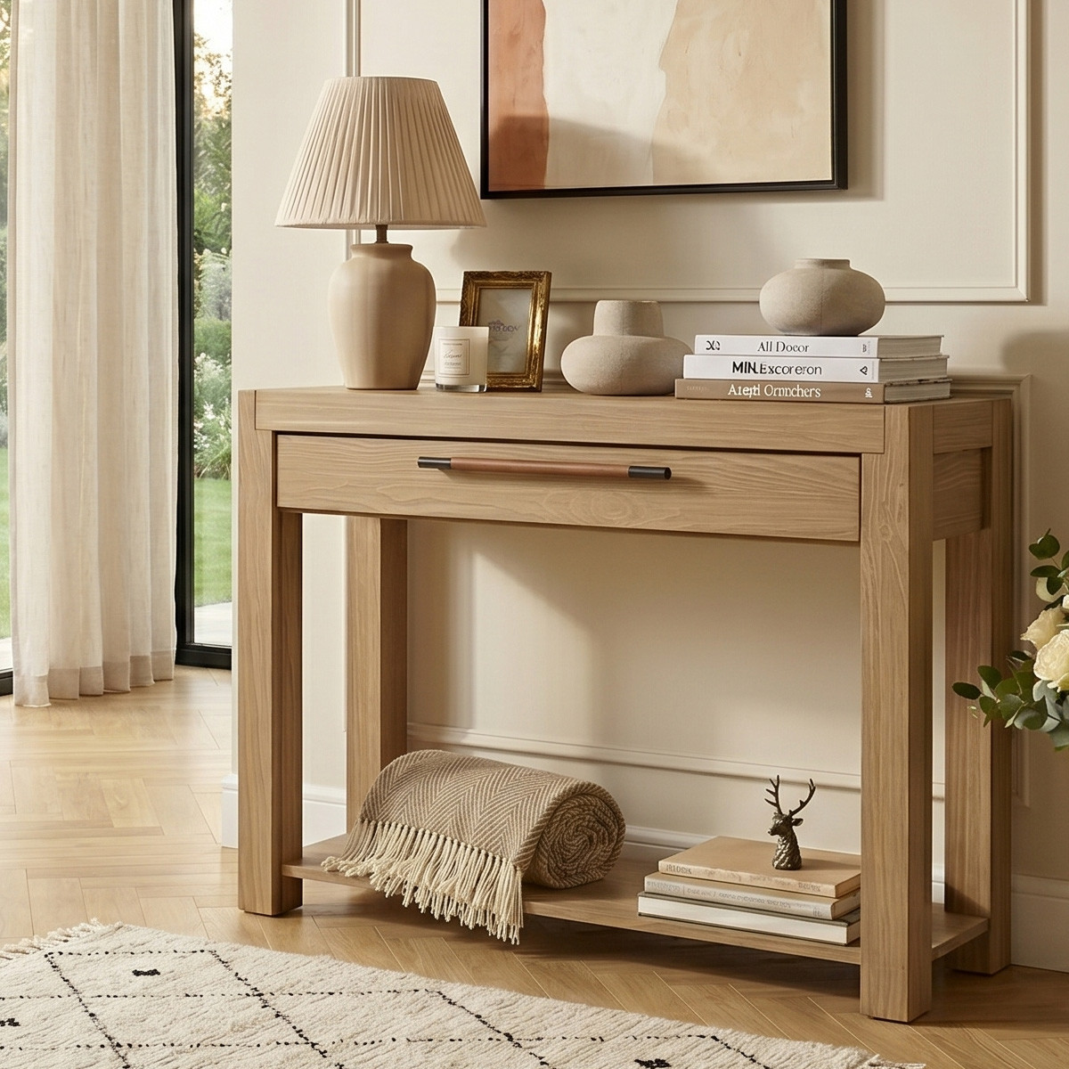 Console pour salle à manger style contemporain, en bois massif, 1 tiroir MEGÈVE marron, ROBIN DES BOIS