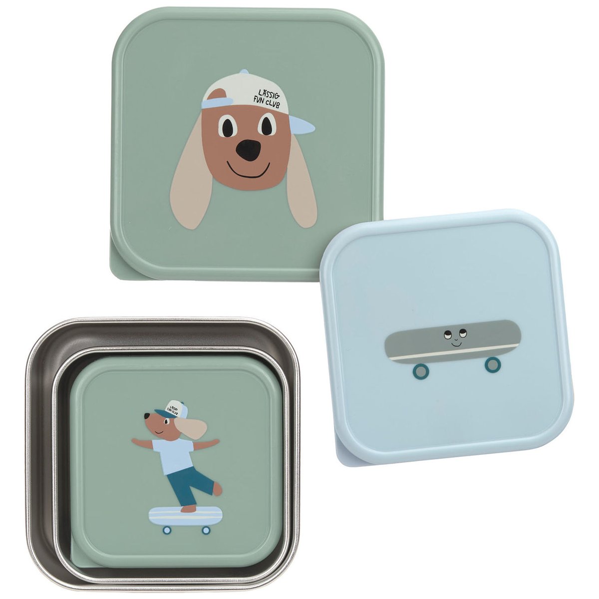 Lot de 3 boîtes à goûter vert, bleu, marron, LASSIG