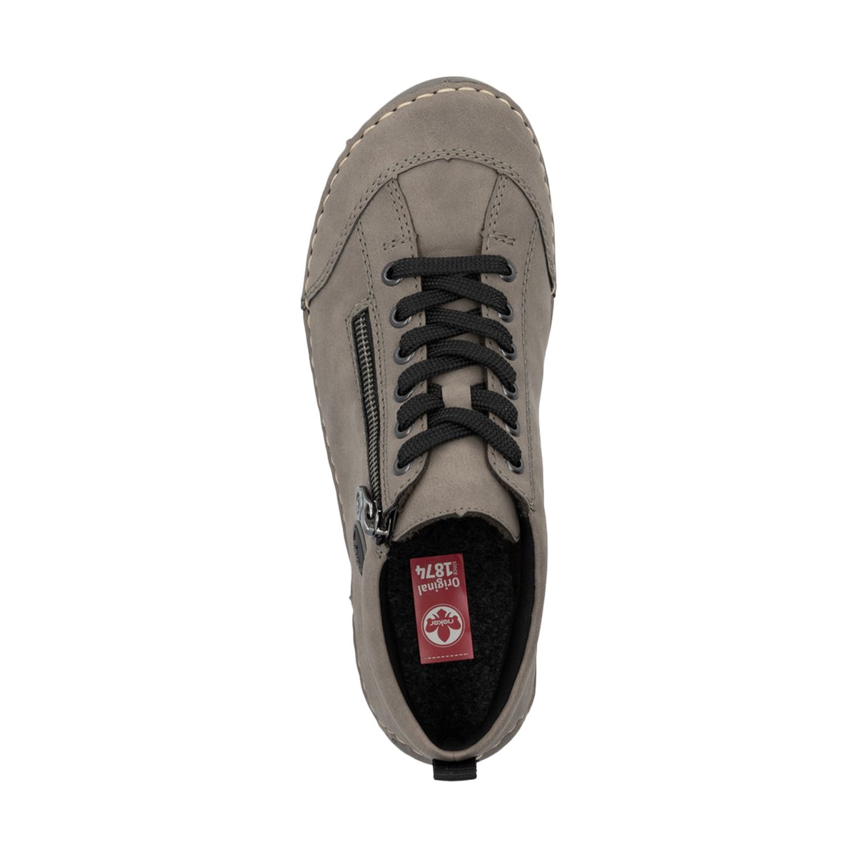 Bottines noires à talon plat avec un logo cousu sur le côté et des lacets taupe, RIEKER