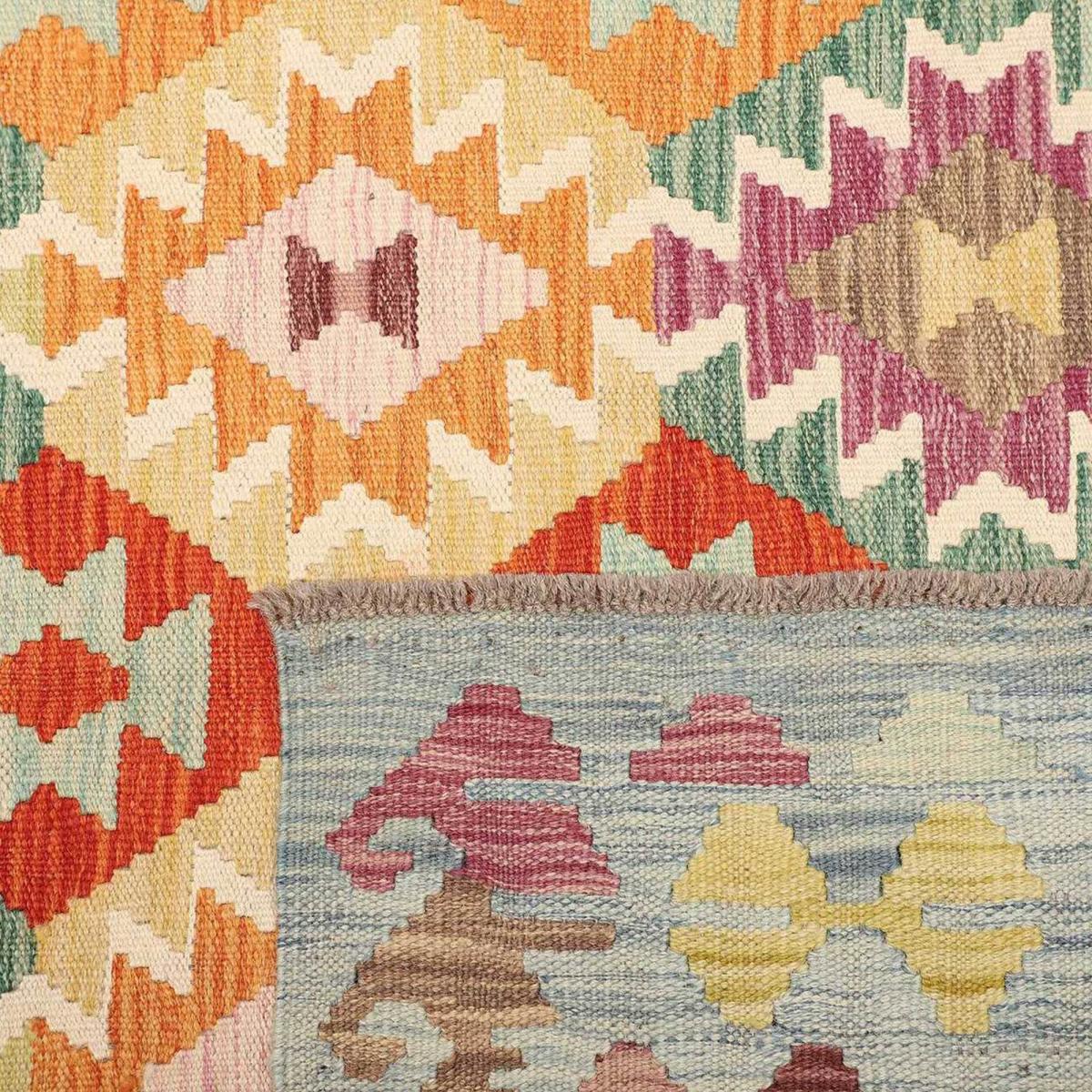 Tapis kilim ethnique, tissé plat en laine naturelle, KILIM 25 multicolore, bleu, orange, UN AMOUR DE TAPIS