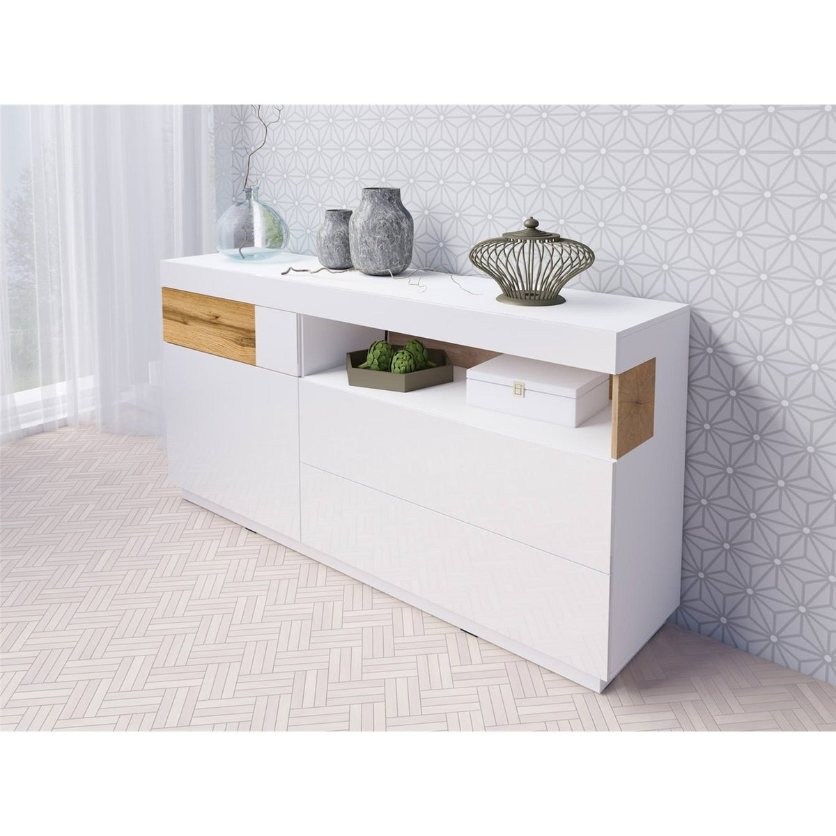 Commode 1 porte 3 tiroirs collection GALAKA matera et chêne wotan, RECOLLECTION