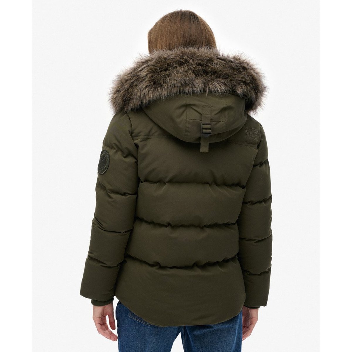 Doudoune courte à capuche en imitation fourrure kaki militaire, SUPERDRY