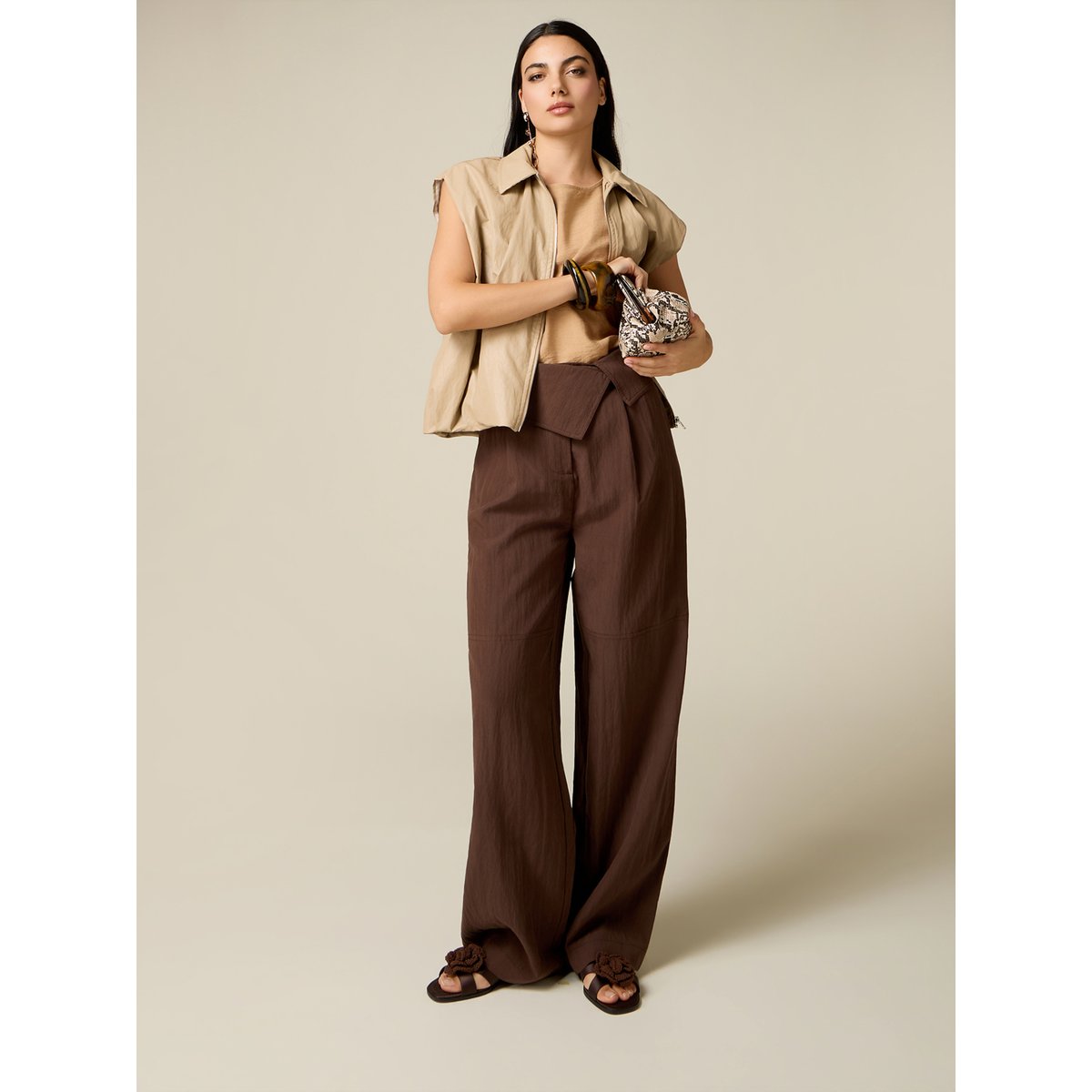 Pantalon palazzo à taille repliée marron, OLTRE
