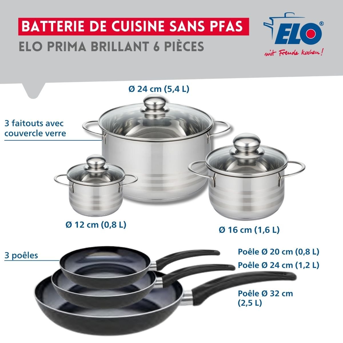 3 poêles 20/24/32cm + 3 faitouts 12/16/24cm PRIMA BRILLANT noir, ELO