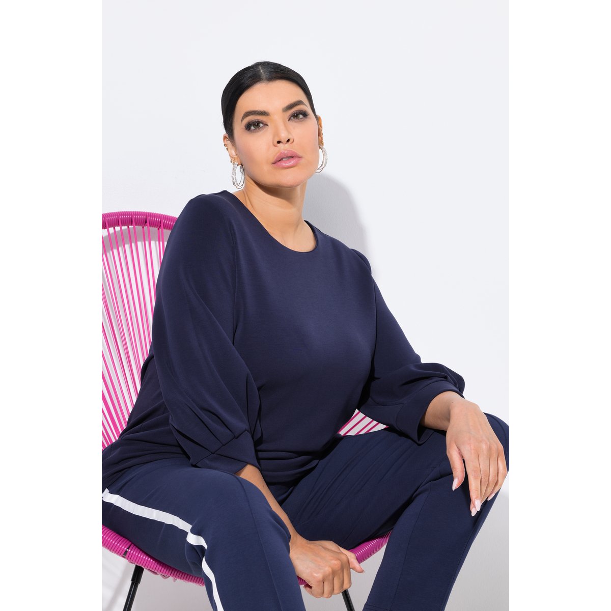 Sweat-shirt avec plis fantaisie marine, ULLA POPKEN